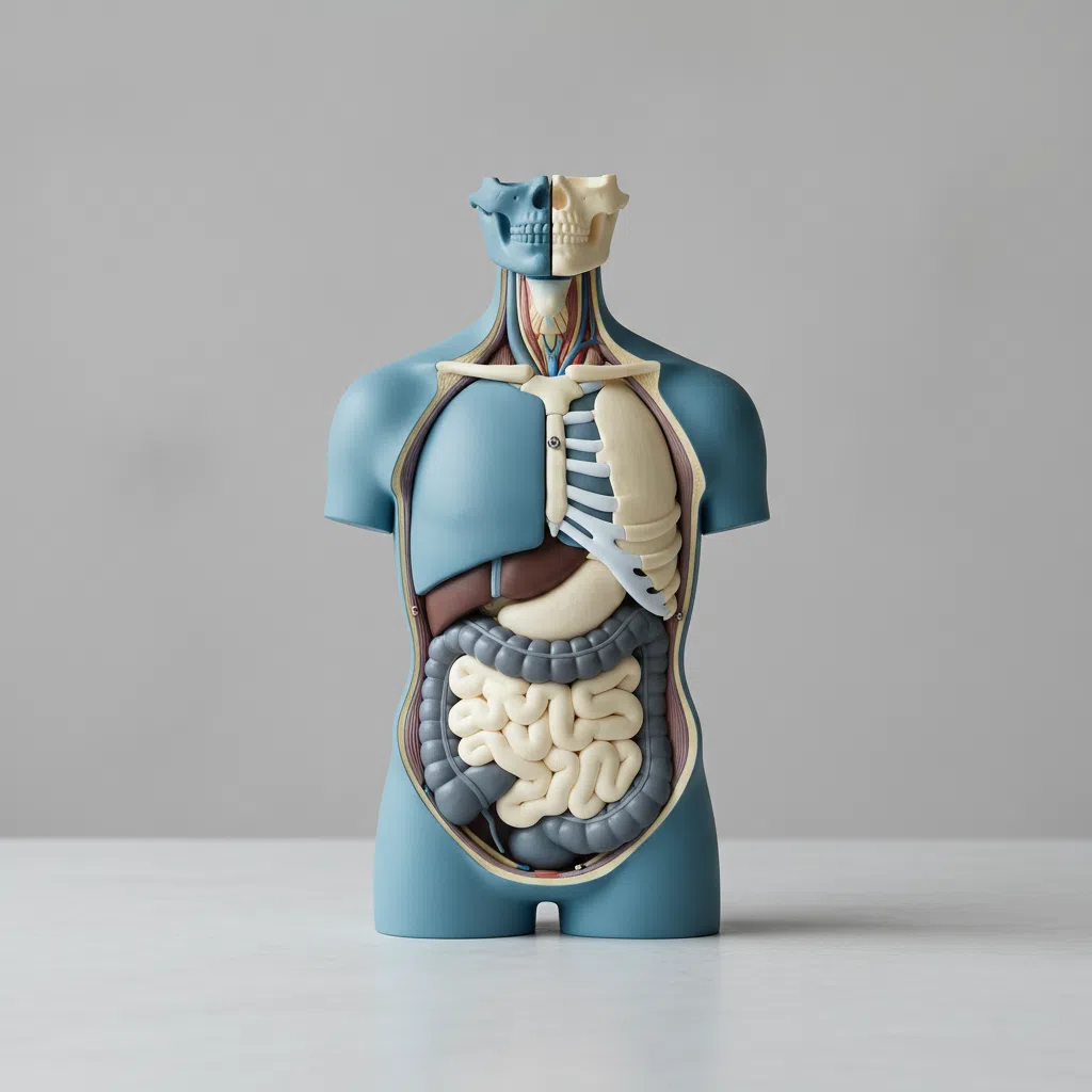 Neutraal anatomisch model torso op een lichtgrijs oppervlak, educatieve stijl