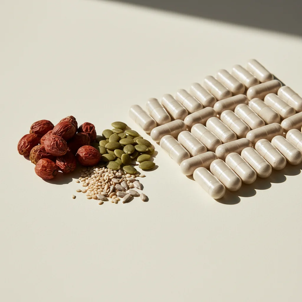 Close-up van supplement capsules en botanische ingrediënten waaronder pompoenzaden en saw palmetto bessen