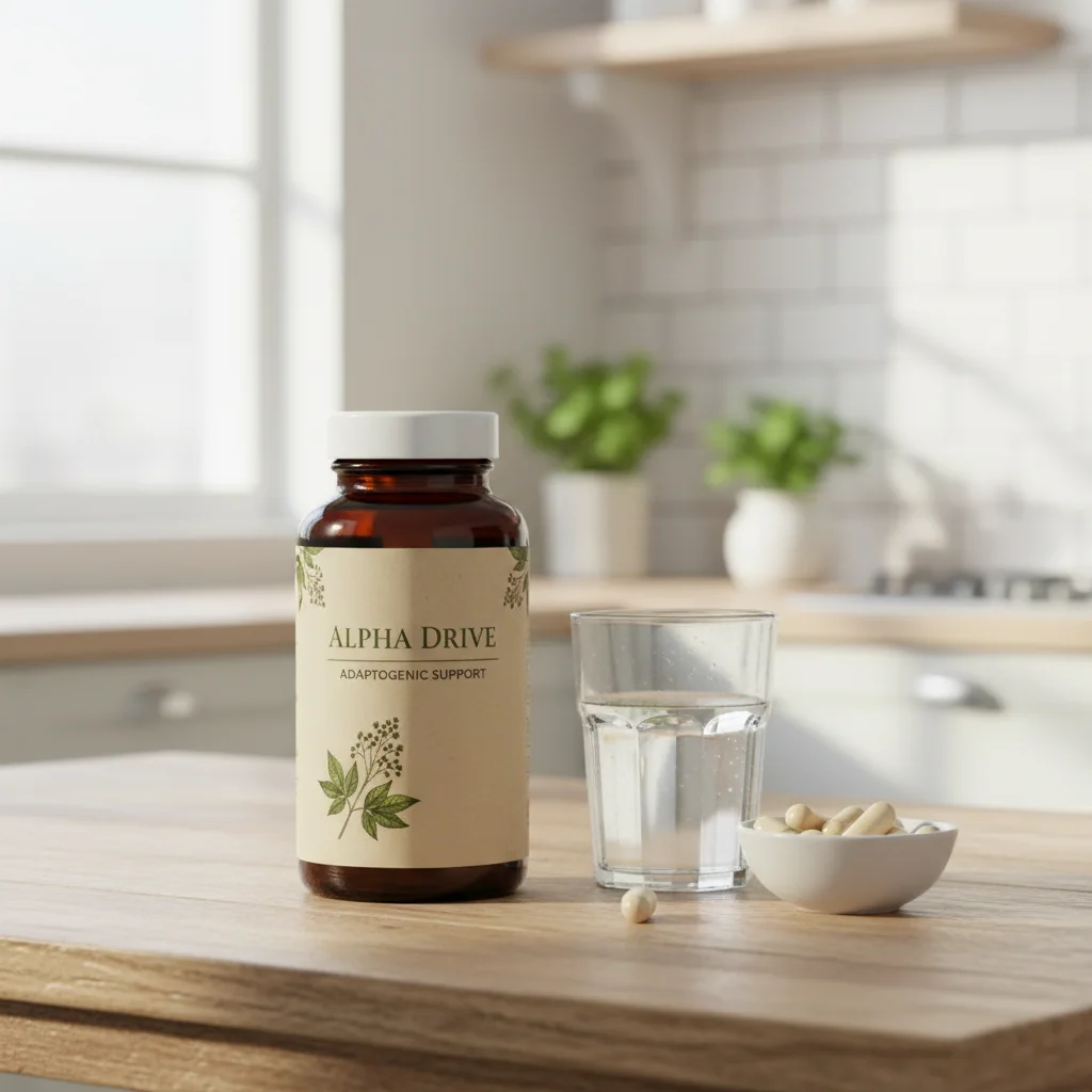 Alpha Drive supplement pot op houten ondergrond naast een glas water en pompoenzaden, minimalistische leefstijlopname