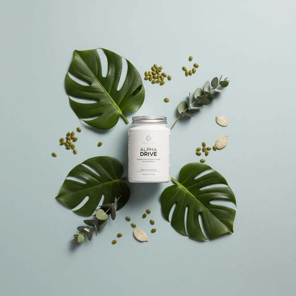 Alpha Drive supplement pot op lichtblauwe achtergrond met botanische elementen